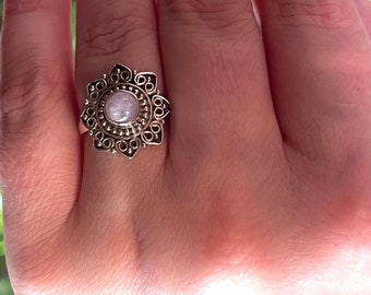 Pink, Kunzit, Floral, Ring, Aus oxidiertem Sterling Silber, Größe 39