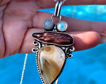 Montana, Agate, Moonstone, Pearl, Pendant, Necklace, In Oxidized Silver