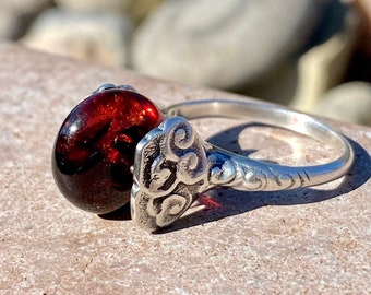 Vintage Bernstein Ring aus oxidiertem Sterling Silber, Größe 6,5