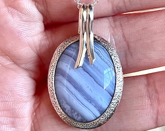 Blue Lace Agate, Pendant Necklace, In Sterling Silver