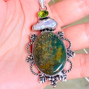Peridot, Pearl, Bloodstone, Pendant, Necklace, In Oxidized Silver, Multi Stone Statement Necklace