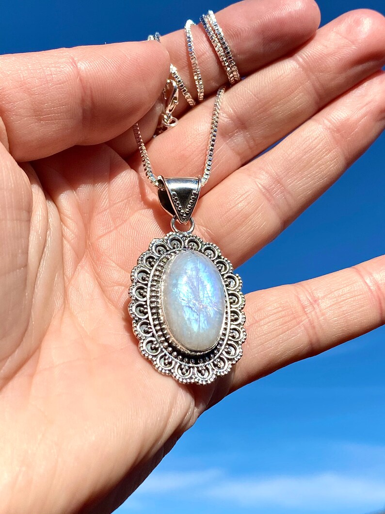 Victorian Rainbow Moonstone Pendant In Sterling Silver