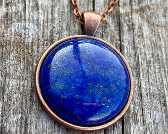 Big Round, Natural, Lapis Lazuli Pendant Necklace In Copper