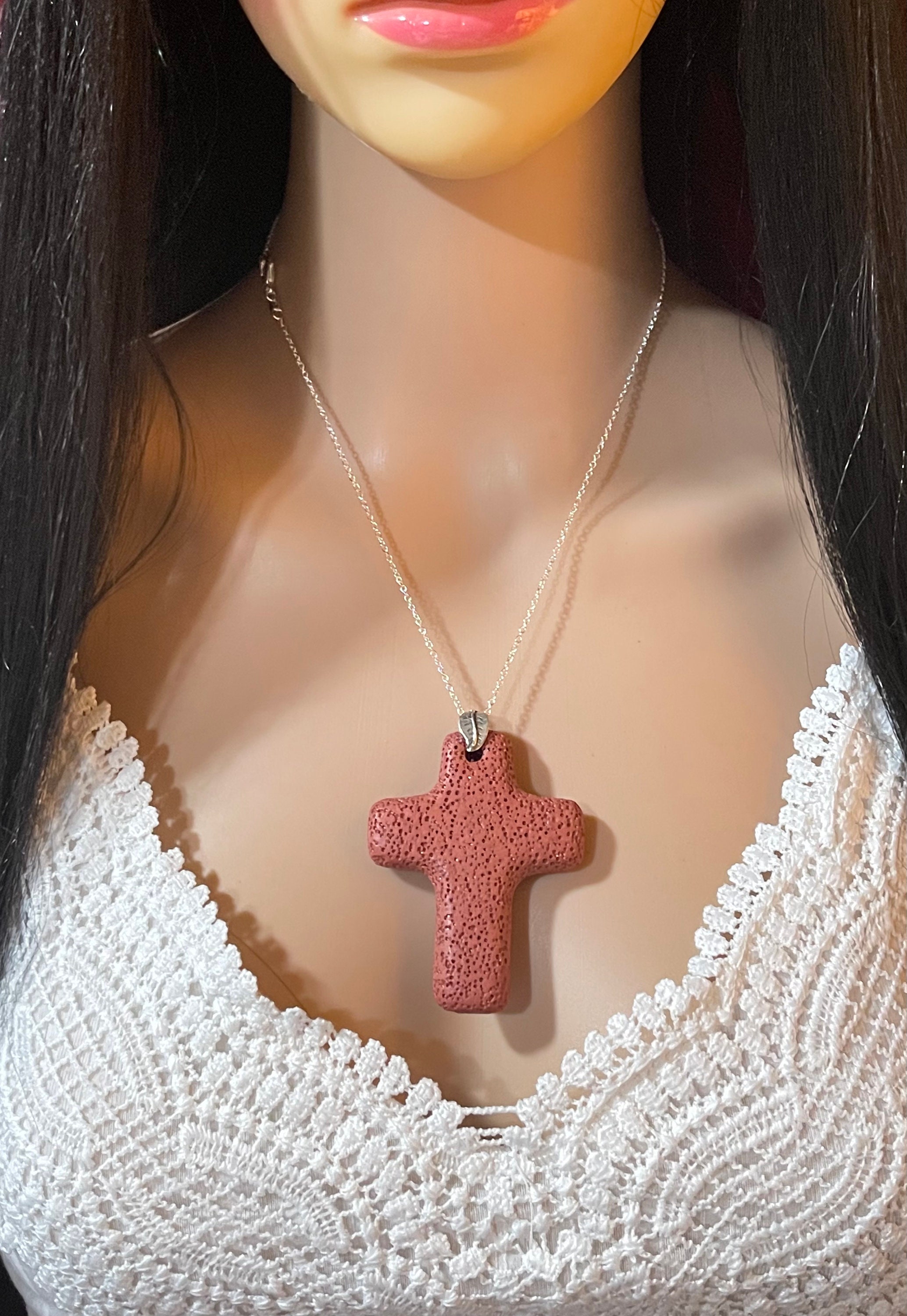 Cross, Lava Pendant Necklace in Sterling Silver, Orange Lava Cross