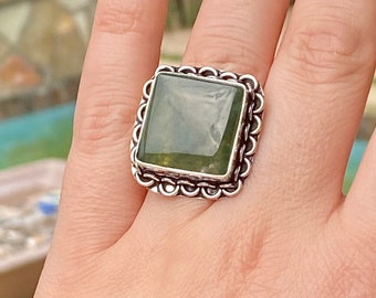 Natural Green Moss Agate Ring, Size 8