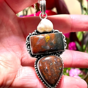 Pearl, Bloodstone, Pendant Necklace In Oxidized Silver