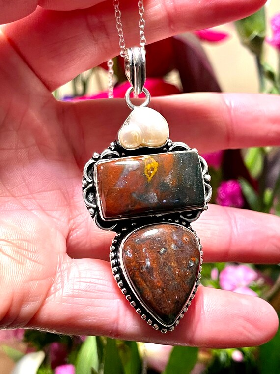Pearl Bloodstone Pendant Necklace in Oxidized Silver Etsy