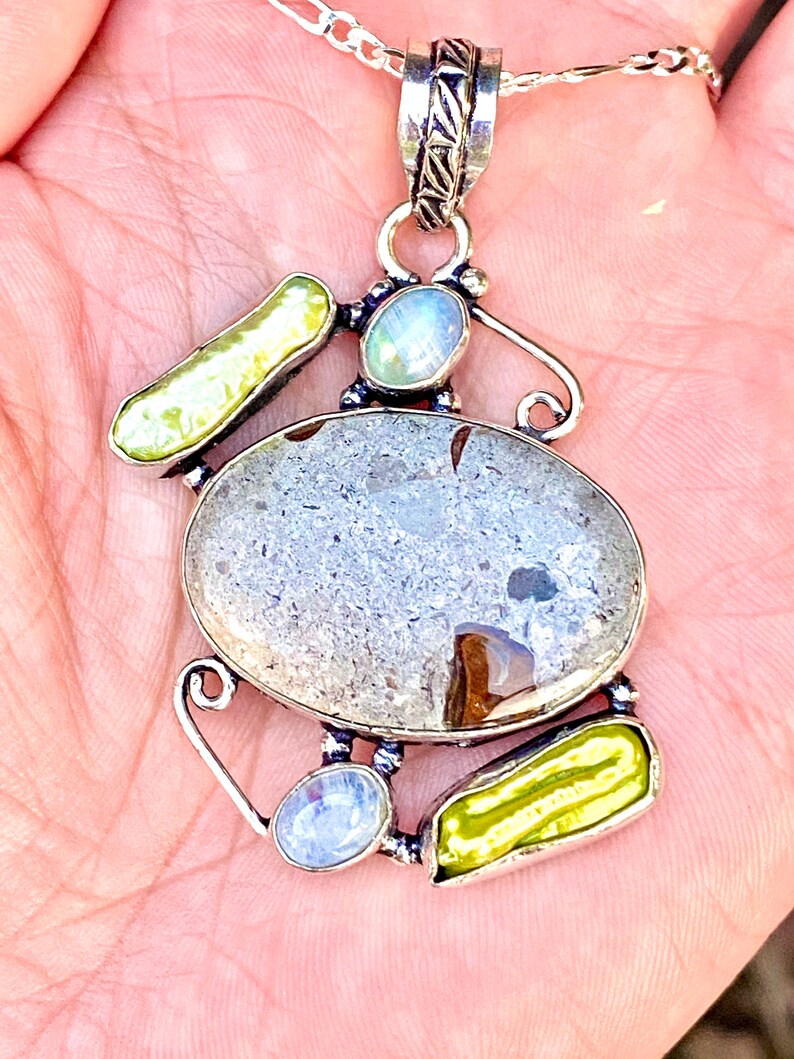 Genuine Jasper+Biwa Pearls+Rainbow Moonstone Big Pendant Necklace Weird+Big+Beautiful
