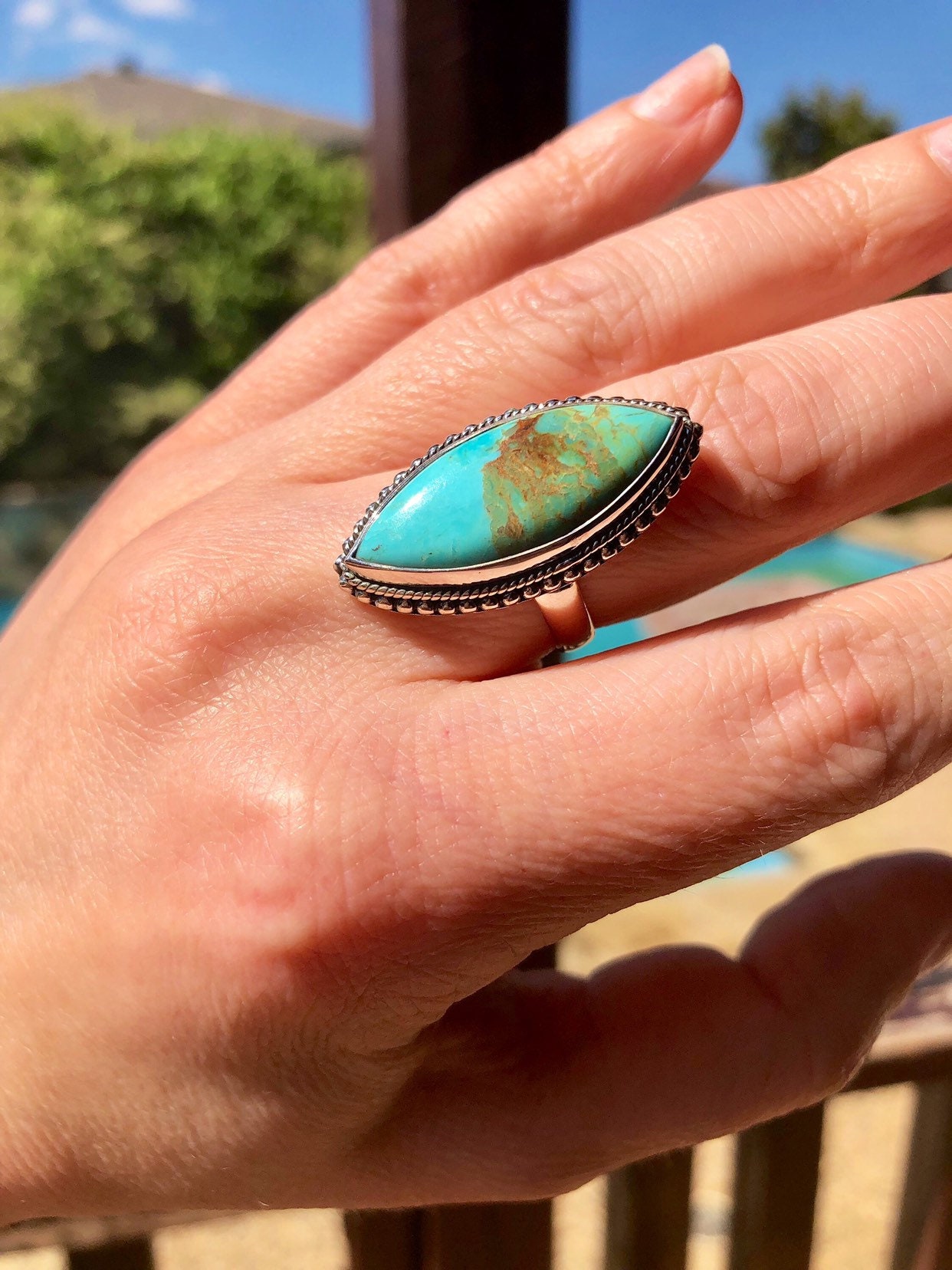 DOCCESTU Turquoise Ring - Sterling Silver Handmade Vintage Style Ring, Natural Turquoise Stone, Bohemian Jewelry For Women, Size 8 - View #7