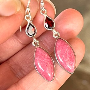 Thulite, Garnet, Earrings, In Sterling Silver