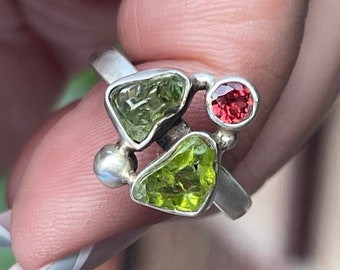 Peridot, Garnet, Ring, Size 9, In Oxidized, Sterling Silver