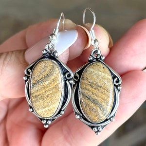 Desert, Landscape, Picture, Jasper, Earrings, In Oxidized Silver