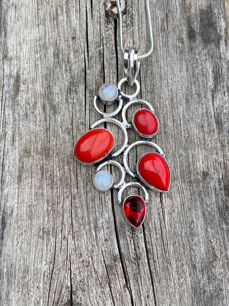 Rainbow Moonstone Red Coral Necklace Multi Stone Statement Necklace