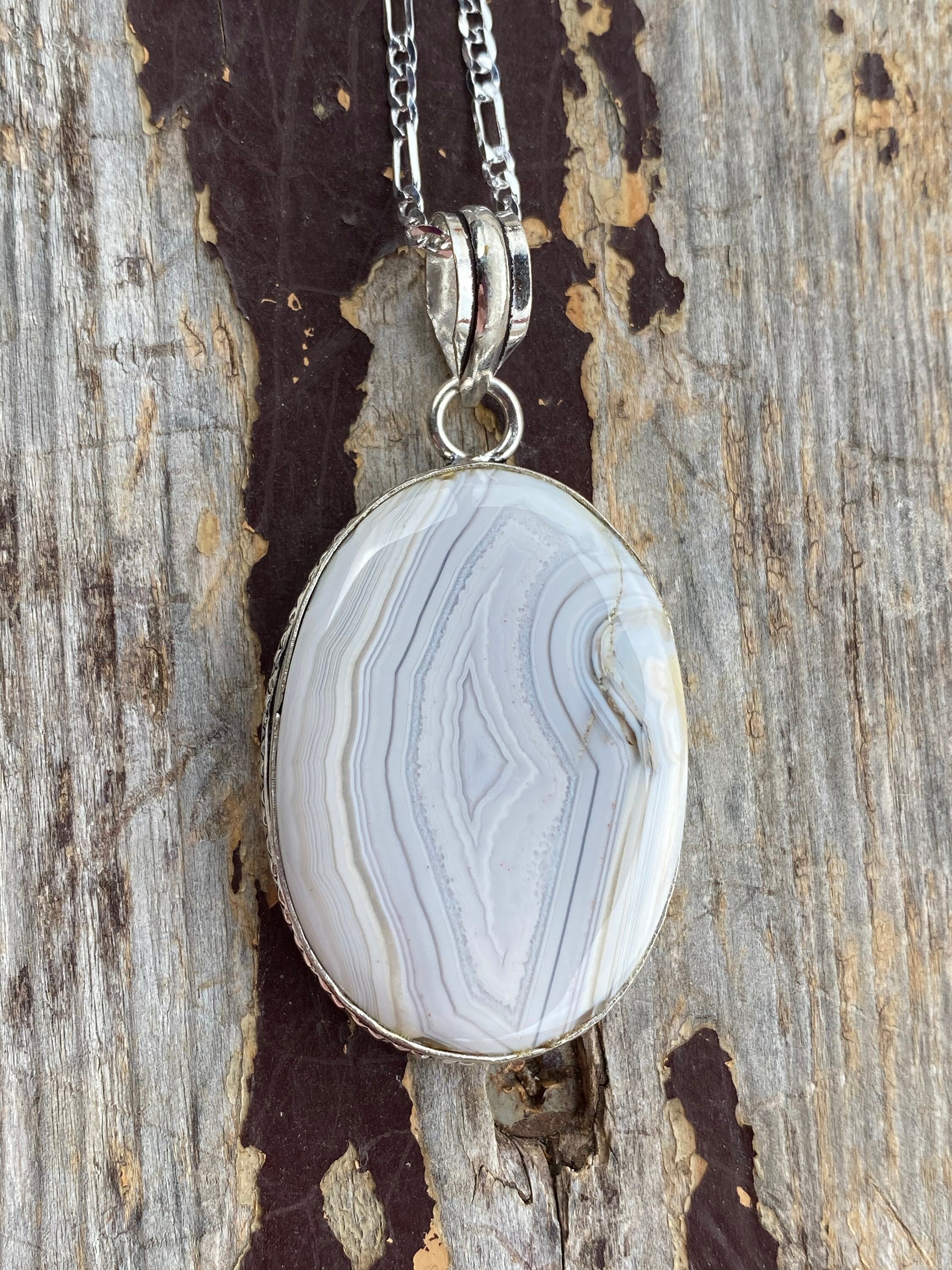 【匿名配送】agate レース調ネックレス クレイジー レース アゲート、酸化銀ペンダント ネックレス