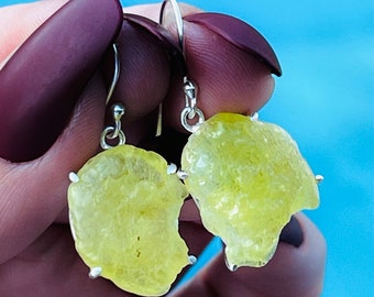 Jaune, Brucite, Brute, Boucles D'oreilles, En Argent Massif, Rare, Cristal