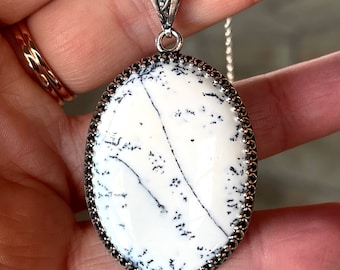 Dendrite, Opal, Pendant Necklace In Oxidized Sterling Silver, Dendritic Opal Statement Necklace