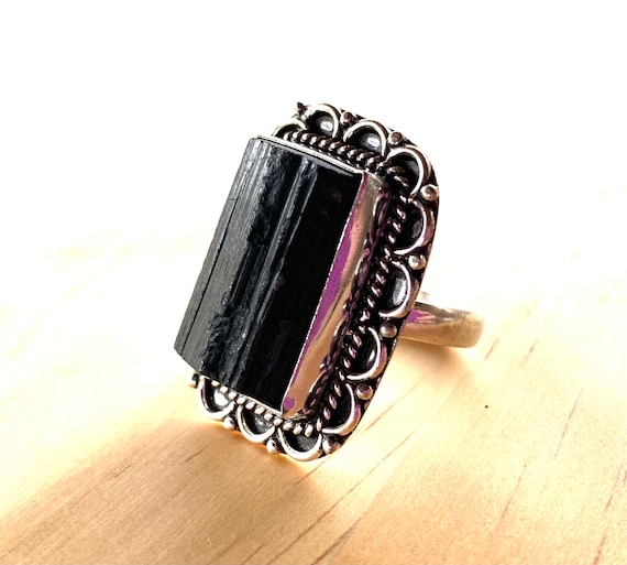 Raw Black Tourmaline Ring in Oxidized Silver Size 8.75 Etsy