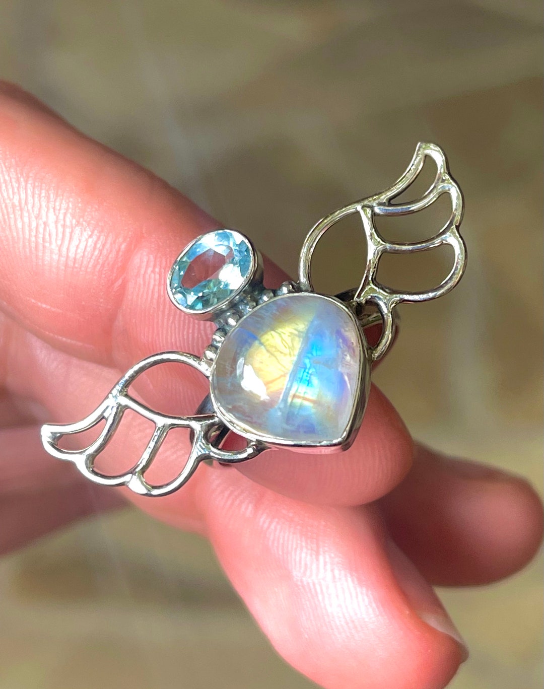 Moonstone, Topaz, Angel Wings, Size 8, Ring, in Sterling Silver