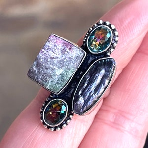 Raw, Ruby Zoisite, Mystic Topaz, Pearl,  Ring, In Oxidized Silver, Size 6.5