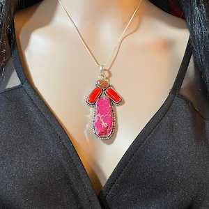 Rote Koralle, Meeressediment, Sonnenstein Halskette, Multi Stein Silber Statement Anhänger Halskette
