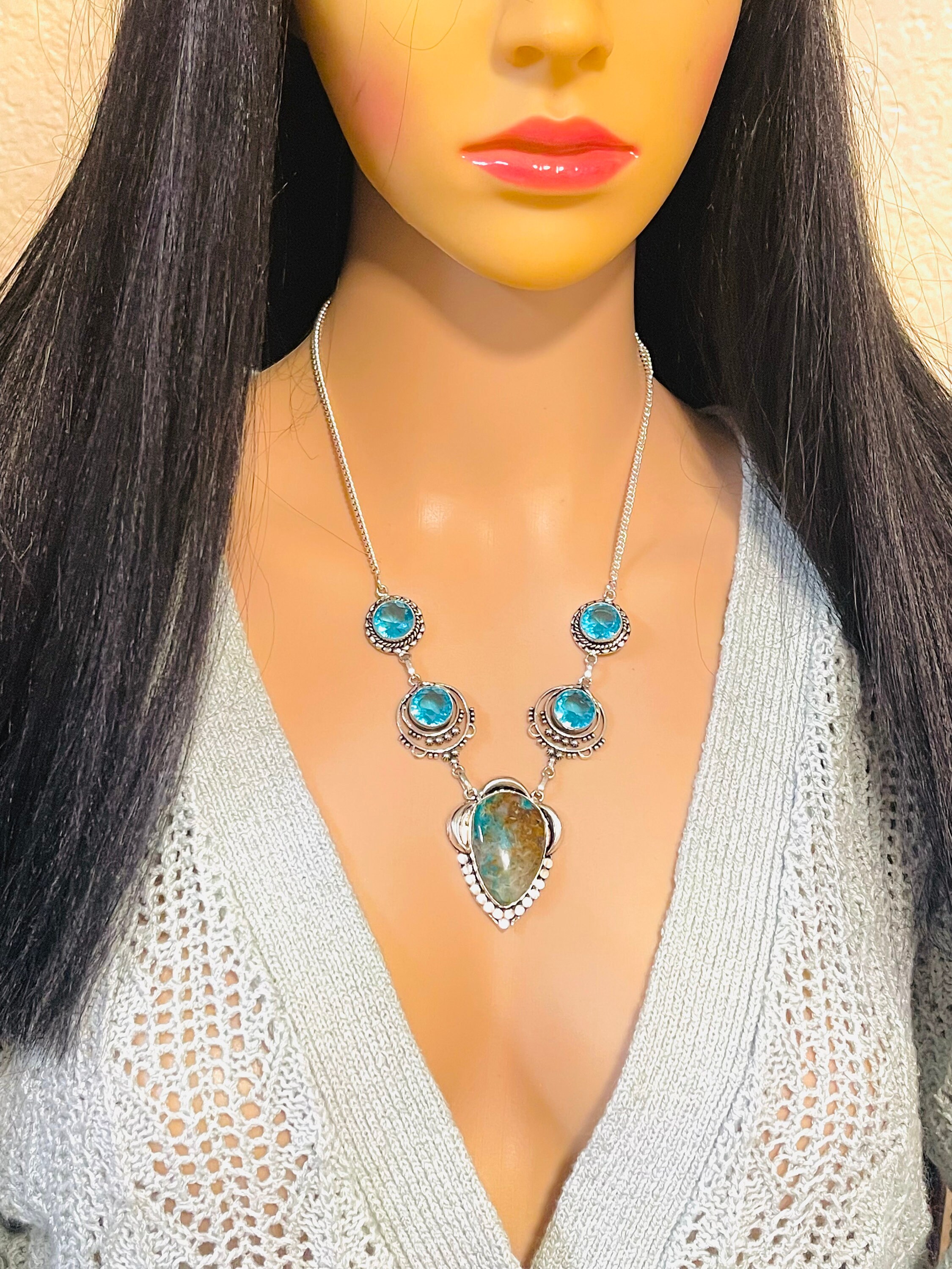 アズライト、スイスブルートパーズ、ステートメント、酸化銀ネックレス