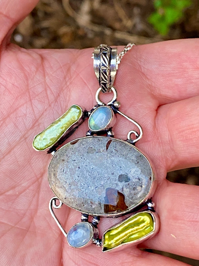 Genuine Jasper+Biwa Pearls+Rainbow Moonstone Big Pendant Necklace Weird+Big+Beautiful