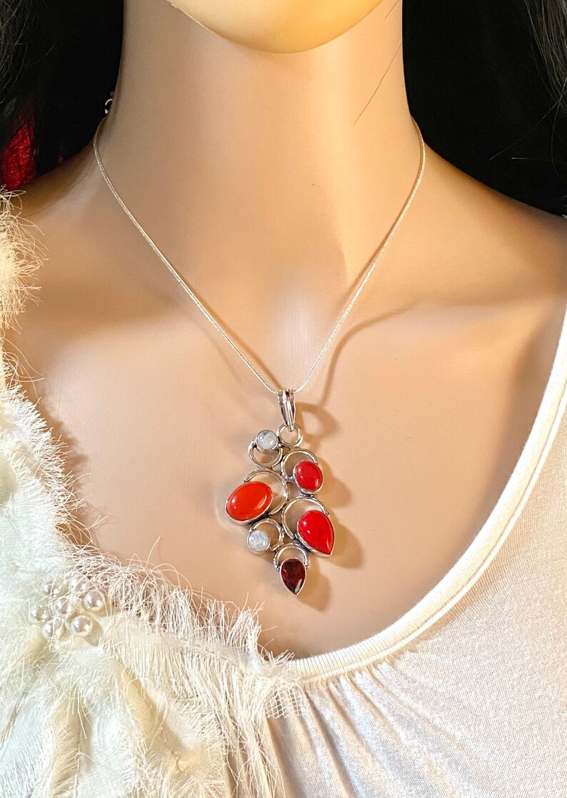 Rainbow Moonstone Red Coral Necklace Multi Stone Statement Necklace