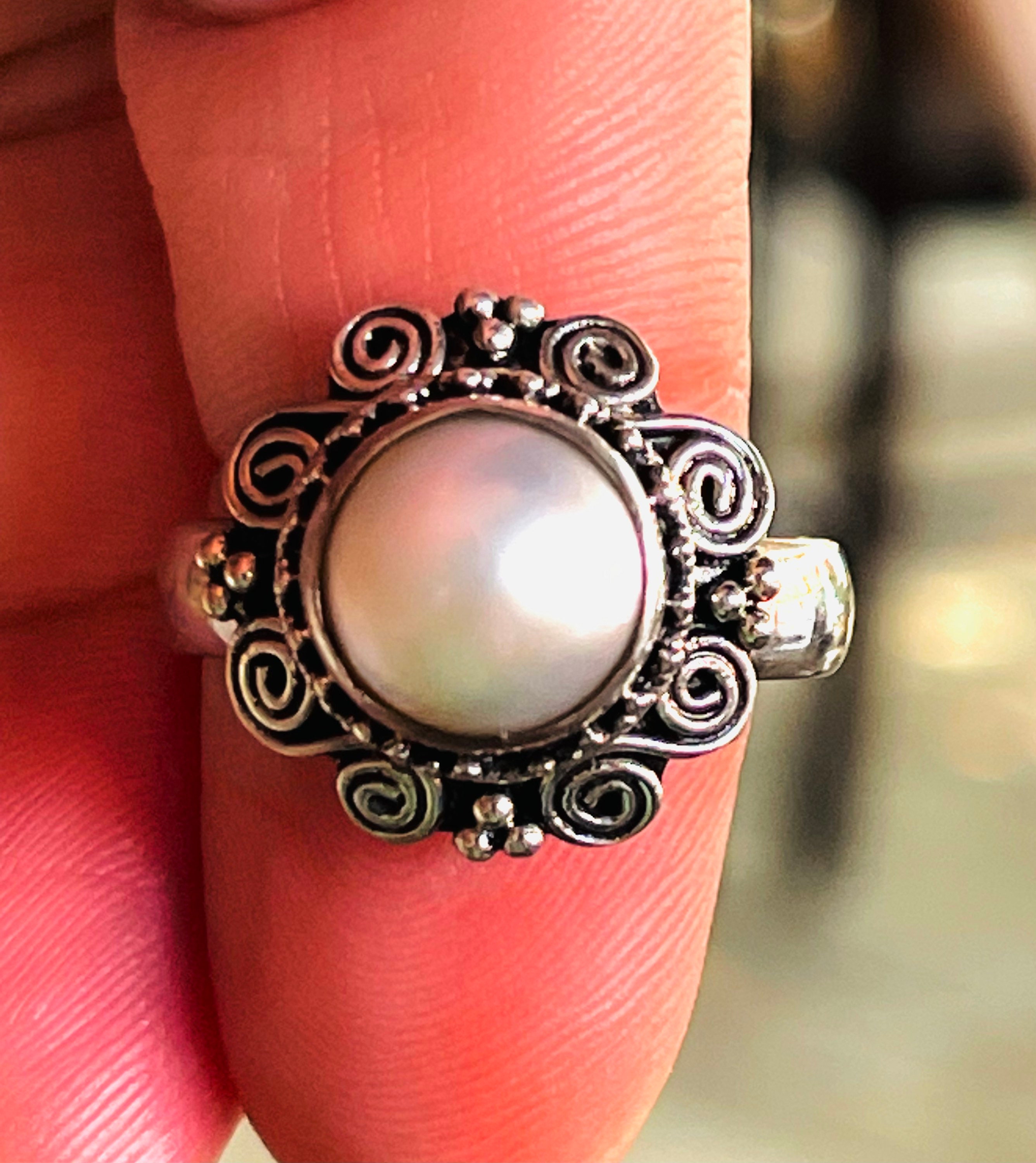 White, Pearl, Ring, in Oxidized 925 Sterling Silver - Etsy