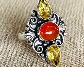 Citrine, Carnelian, Ring In Oxidized Silver, Size 7.5