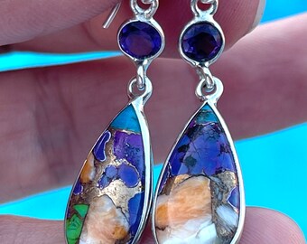 Purple, Spiny Oyster, Turquoise, Amethyst, Earrings, In Sterling Silver