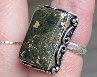 Green, Jasper, Ring, In Oxidized Silver, Green Jasper Statement Ring, Size 8.25