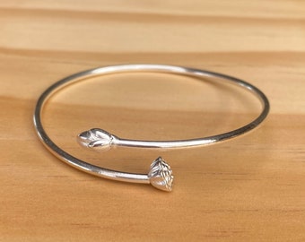 Sterling Silver Bracelet, Minimalist Floral Silver Cuff Bracelet