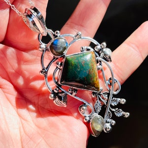 Bloodstone, Labradorite, Pendant, Necklace, In Oxidized Silver