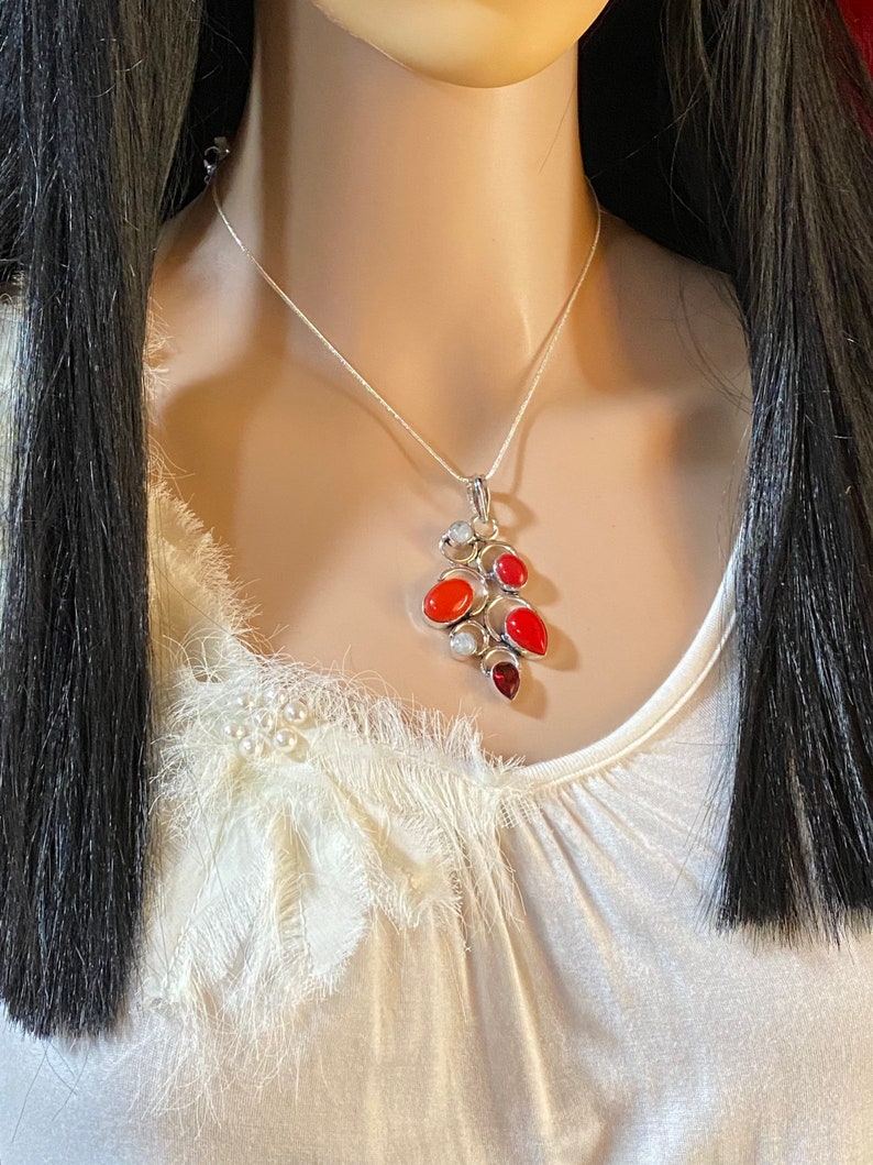 Rainbow Moonstone Red Coral Necklace Multi Stone Statement Necklace