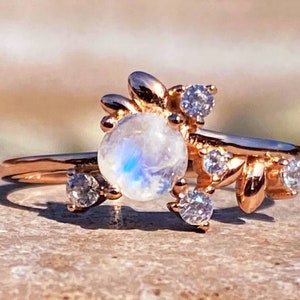 Rainbow Moonstone Ring In Rose Gold Plated Sterling Silver