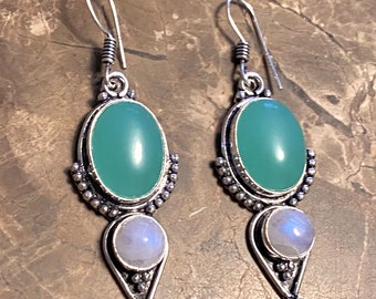 Chalcedony, Rainbow Moonstone, Drop, Earrings, In Oxidized Silver