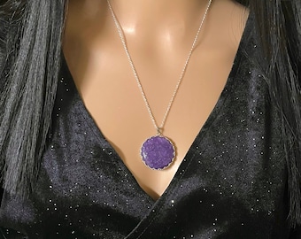 Lila, Lepidolith, Anhänger Halskette aus oxidiertem Sterling Silber, Natürlicher Lepidolith Statement Halskette