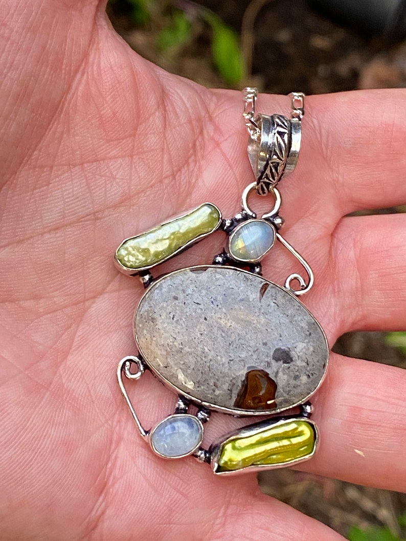 Genuine Jasper+Biwa Pearls+Rainbow Moonstone Big Pendant Necklace Weird+Big+Beautiful