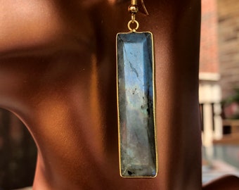 Long Rectangular Gold Plated Labradorite Dangle Drop Earrings