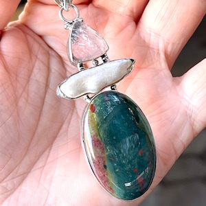Bloodstone, Rose Quartz, Pearl, Pendant, Necklace, In Oxidized Silver