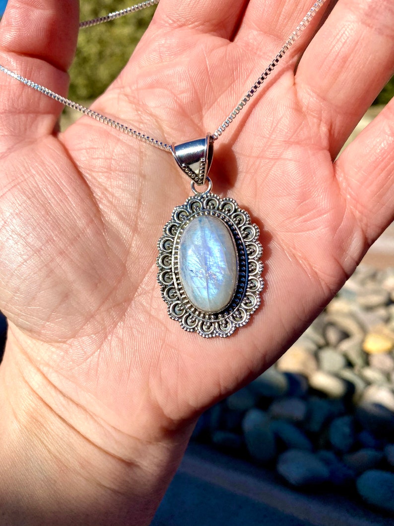 Victorian Rainbow Moonstone Pendant In Sterling Silver