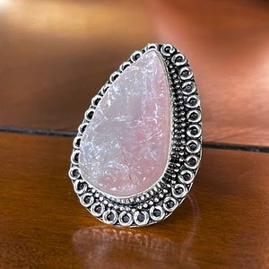 Raw, Rose Quartz Ring In Oxidized Silver, Rough Rose Quartz Ring, Size 8
