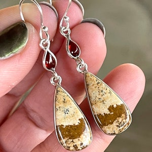 Picture, Jasper, Garnet, Earrings, In Sterling Silver