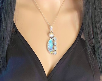 Abalone Shell, Rainbow Moonstone, Biwa Pearl, Pendant Necklace