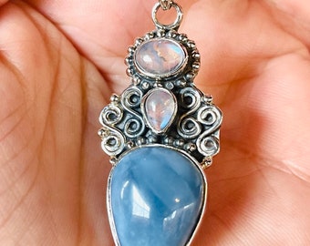 Blue, Owyhee, Opal, Moonstone, Pendant, Necklace, In Sterling Silver