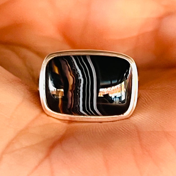 Black, Botswana, Agate, Ring, Size 5.5, In Sterling Silver