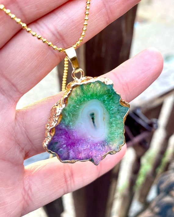 Natural Rainbow Geode Crystal Pendant Necklace Etsy