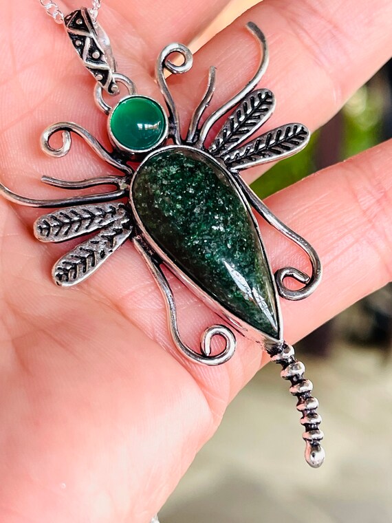 Magnifique Chaîne Pendentif En Argent Massif Avec Pierre Aventurine (état Porté)