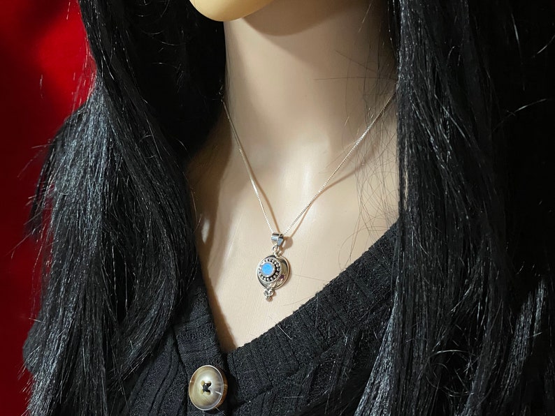 Egyptian Rainbow Moonstone Pendant Necklace In Sterling Silver