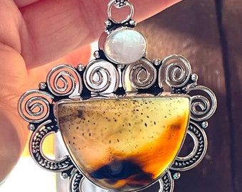 Montana Agate, Rainbow Moonstone, Pendant Necklace, In Oxidized Silver, Multi Stone Statement Necklace